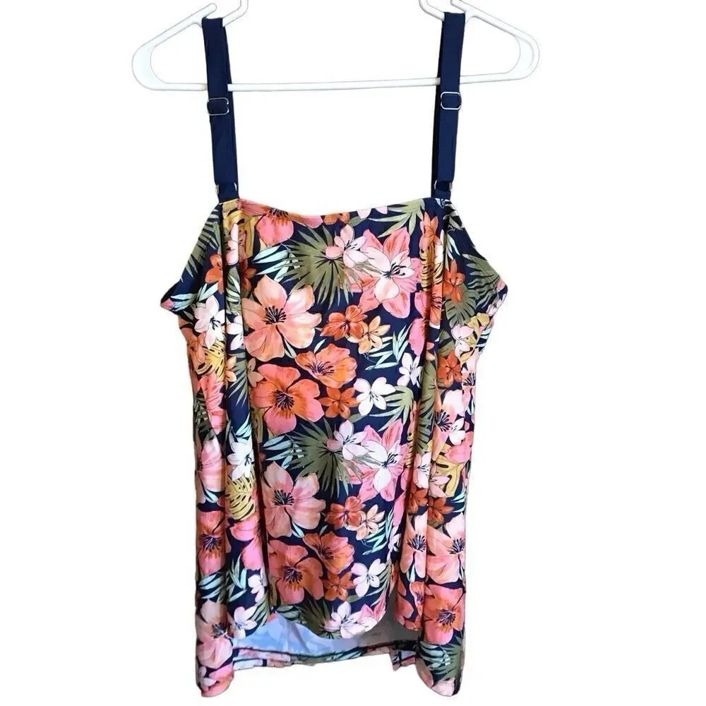 Heat swimwear 24W Tankini Top Adj Straps underwire blue floral Tiki New w/tags